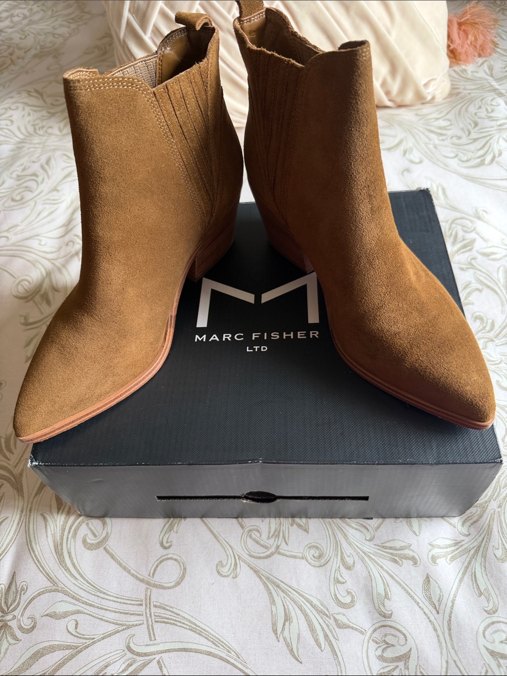Marc Fisher Tan Suede Pointed-Toe Ankle Booties